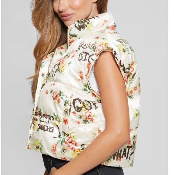 NWT GUESS x Brandalised Wilde Floral Graffiti Puffer Vest Convertible Jacket - Picture 6 of 15